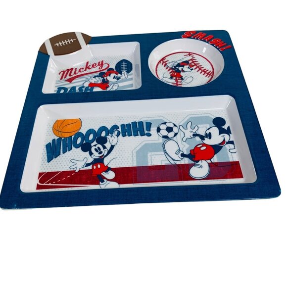 Mickey Mouse Toddler Kids Melamine Dinner Plate 3 Compartment Sports Non Slip - Picture 2 of 7